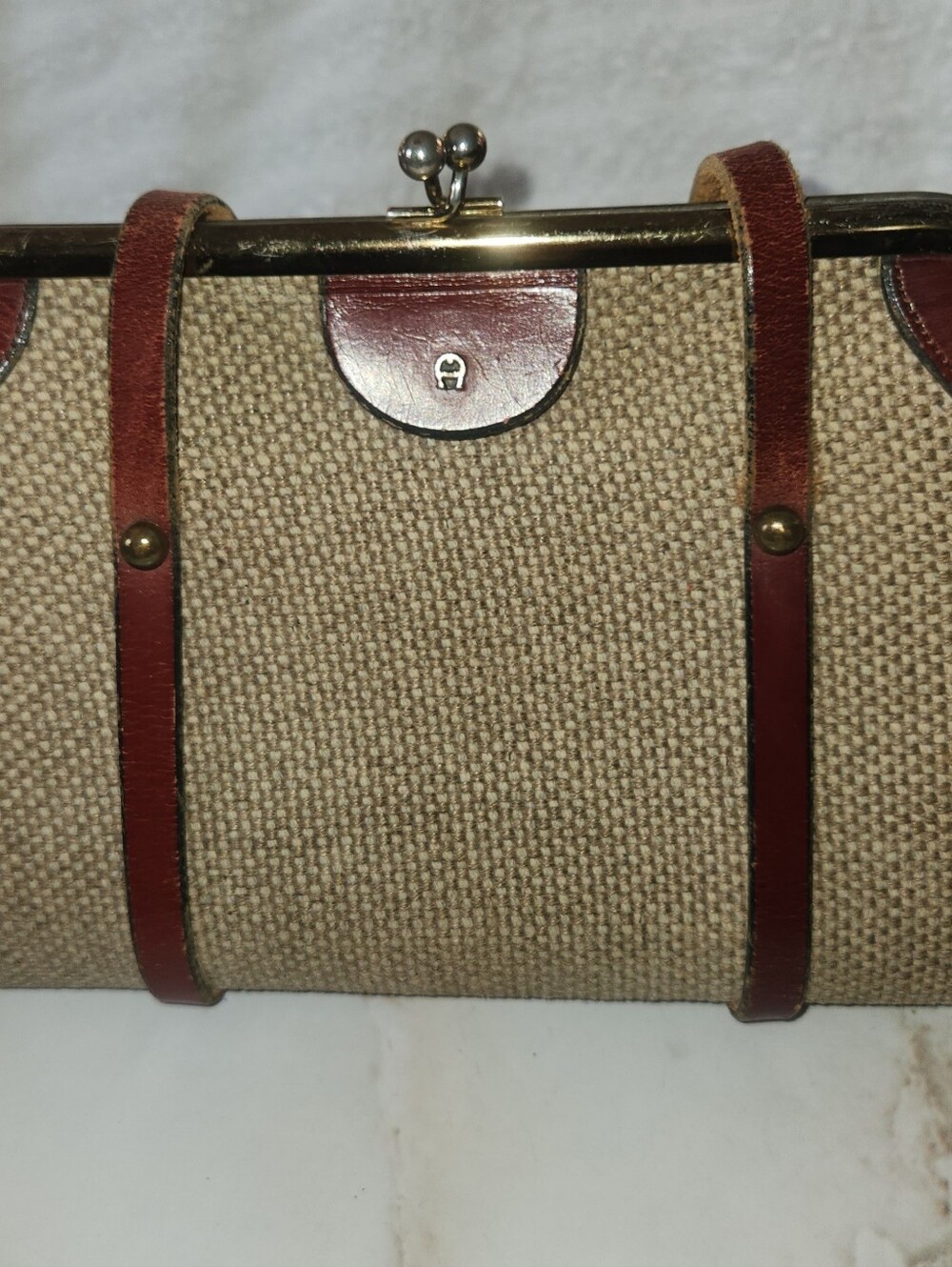 Etienne Aigner Tan Canvas Clutch with Brown Leather Trim